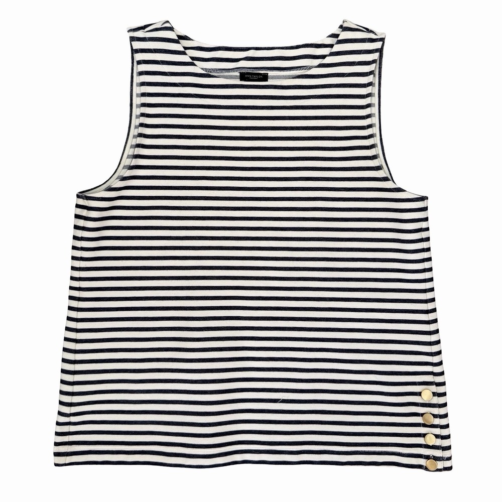 Ann Taylor Boxy Nautical Button Top• Large Striped Navy White Coastal Grandma